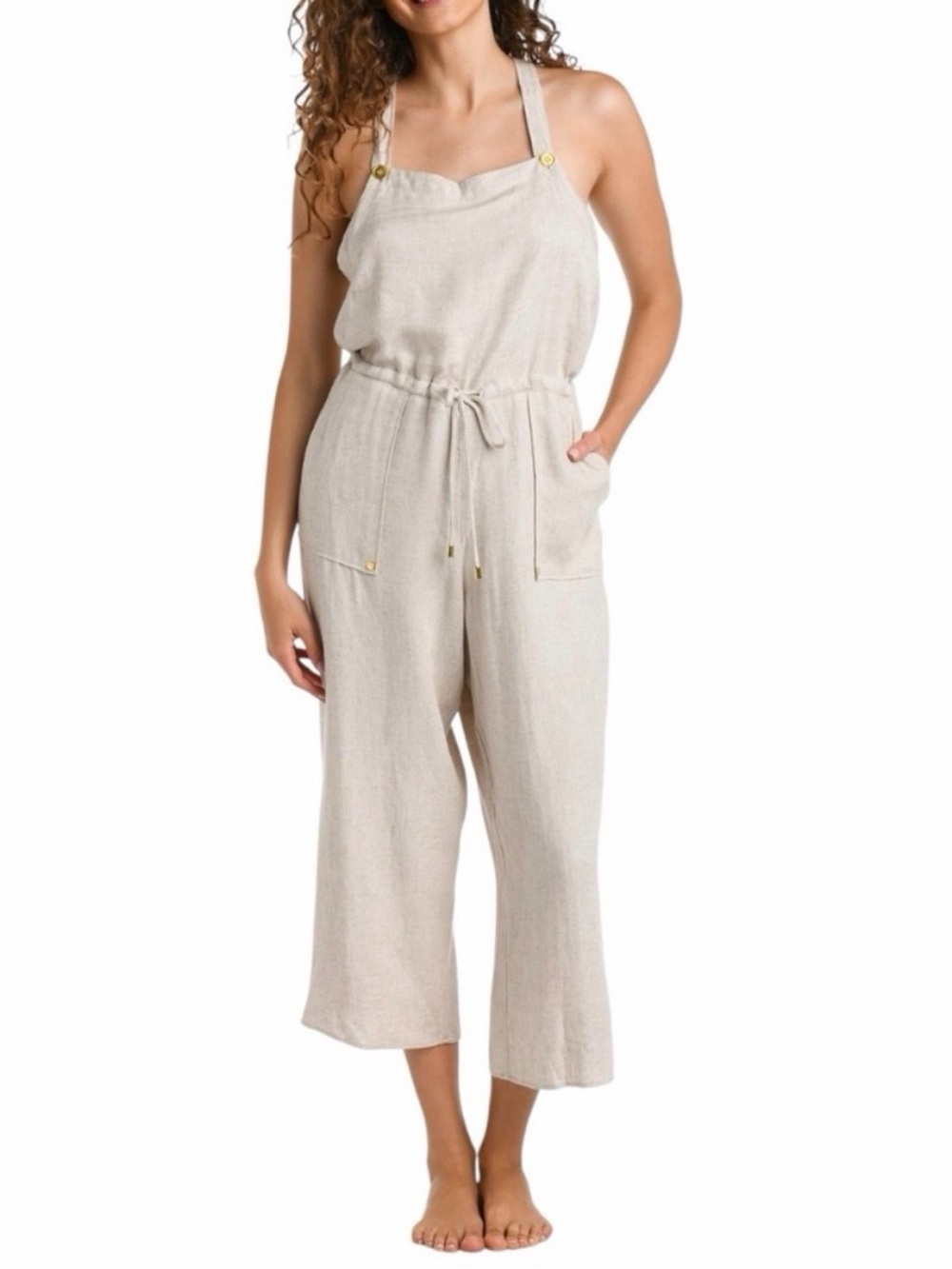 La Blanca Delphine Linen Blend Wide Leg Jumpsuit Drawstring Waist Tan Small NWT